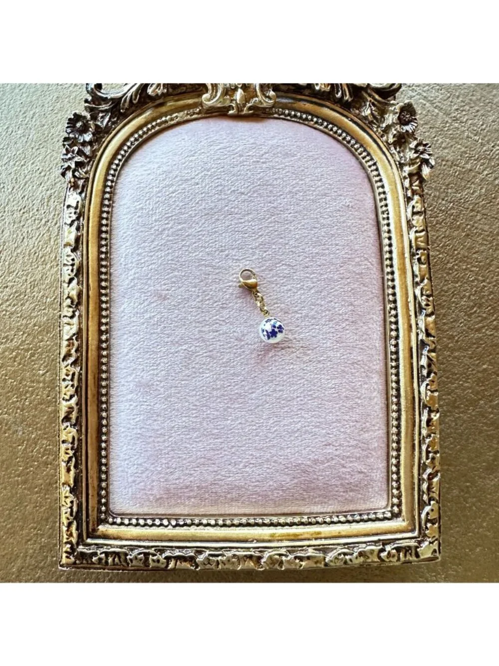 18K PVD Gold White Glass Bead Charm With Blue Floral Print & Gold Lobster Clasp - Picture 9 of 11